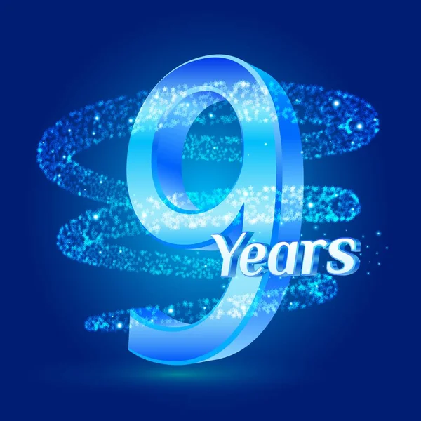 9 år glans jubileum 3d logotyp firande med glittrande spiral stjärna damm spår gnistrande partiklar. Nio års jubileum moderna designelement. Vektor Illustration. — Stock vektor