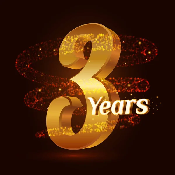 3 anni d'oro anniversario 3d celebrazione logo con oro scintillante spirale stella polvere traccia particelle scintillanti. Tre anni anniversario elementi di design moderno. Illustrazione vettoriale . — Vettoriale Stock