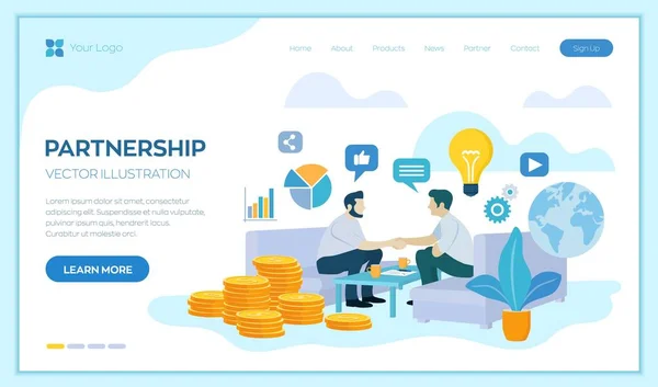 Partnership Concept. Financing of creative projects. Handshake of two business men. Agreement of parties. Signing documents. The investor holds money in ideas. Business team. Vector illustration. — Stock Vector