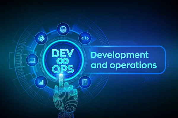 A devops. Agilis fejlesztési és optimalizálási koncepció a virtuális képernyőn. Szoftverfejlesztés. Szoftverfejlesztési gyakorlat módszertan. Robotkaros kézzel megható digitális interfész. Vektoros illusztráció. — Stock Vector