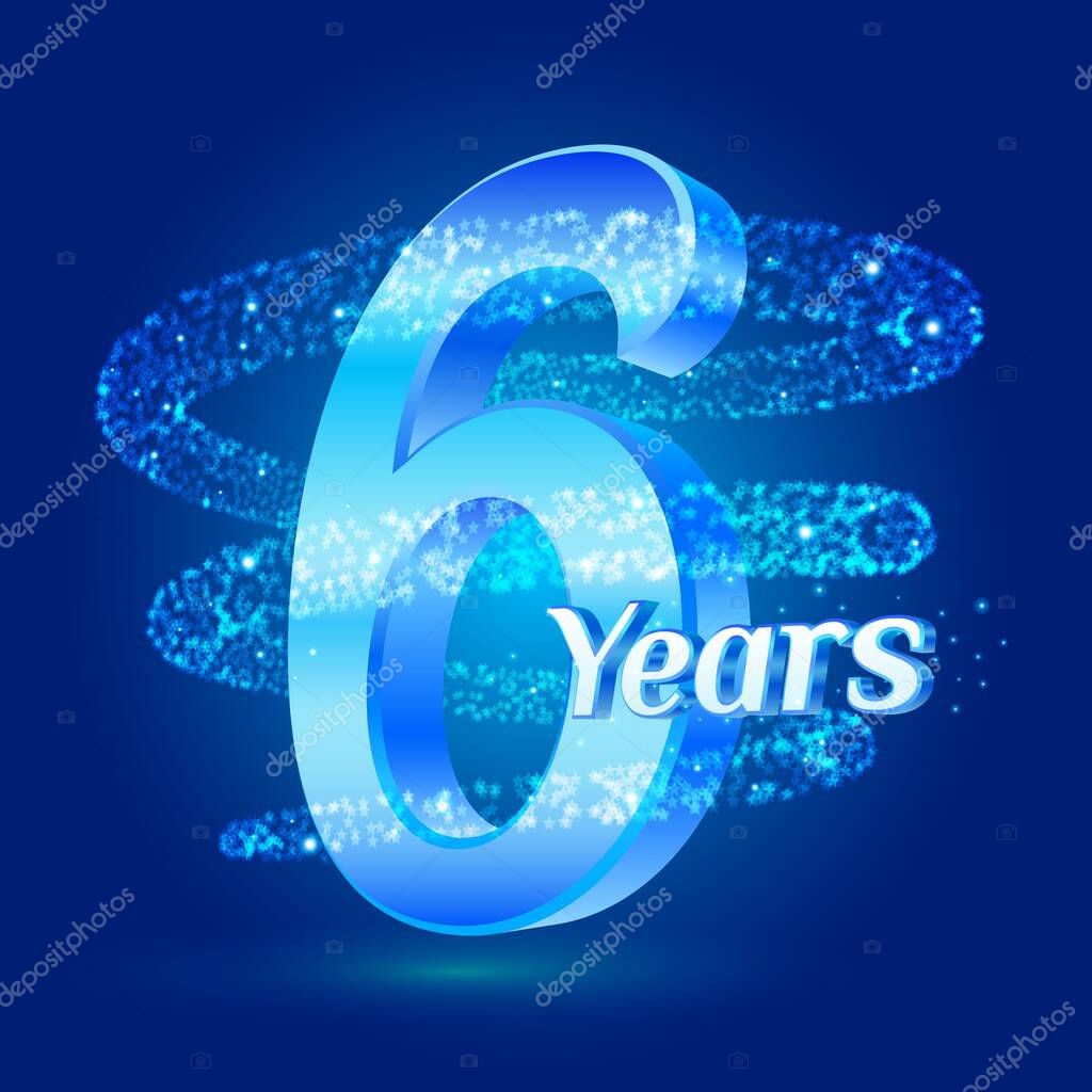 6 years shine anniversary 3d logo celebration with glittering spiral star dust trail sparkling particles. Six years anniversary modern design elements. Vector Illustration