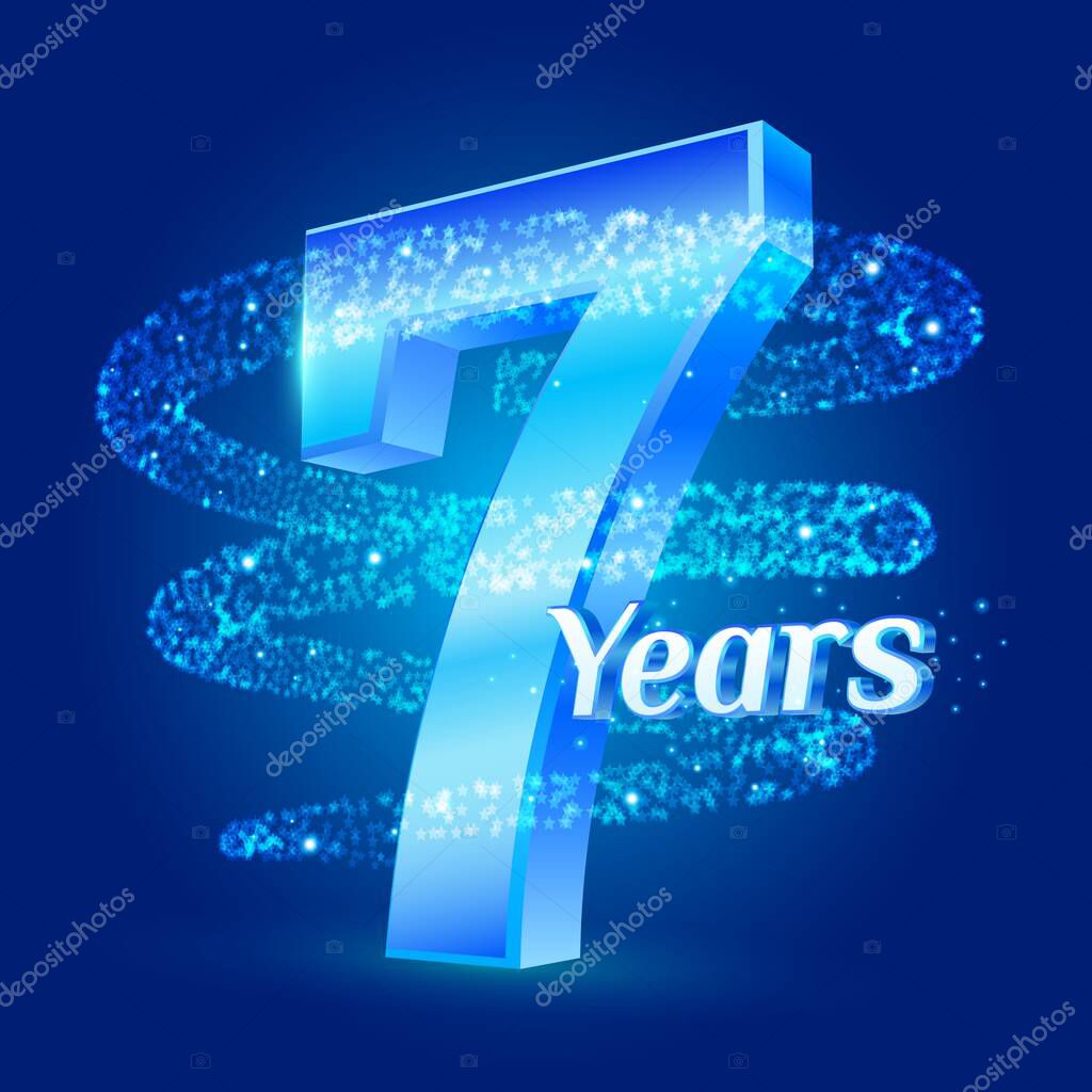 7 years shine anniversary 3d logo celebration with glittering spiral star dust trail sparkling particles. Seven years anniversary modern design elements. Vector Illustration