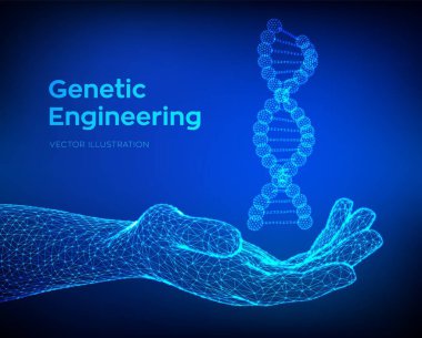 DNA sequence in hand. Wireframe DNA molecules structure mesh. DNA code editable template. Science and Technology concept. Vector illustration. clipart