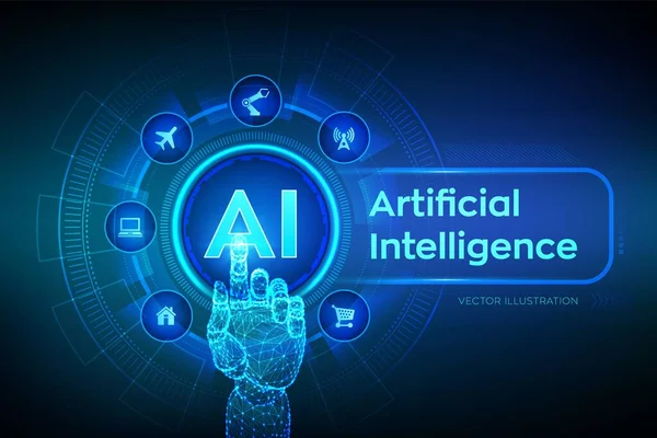 AI. Intelligenza artificiale. Apprendimento automatico, analisi dei Big Data e tecnologia di automazione nel concetto di produzione industriale e aziendale. Mano toccando l'interfaccia digitale. Illustrazione vettoriale . — Vettoriale Stock