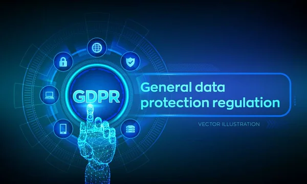 Gdpr. genel veri koruma yönetmeliği. Sanal ekranda siber güvenlik ve gizlilik kavramı. Kişisel bilgilerin korunması. Robotik El dokunmadan dijital arayüz. Vektör Illustration. — Stok Vektör