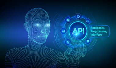 Apı. Uygulama Programlama Arayüzü, yazılım geliştirme aracı, bilgi teknolojisi ve sanal ekranda iş kavramı. Tel çerçeveli cyborg el dijital arayüz dokunmadan. Aı. Vektör.