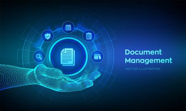 Bayan Dms. Belge Yönetim Veri Sistemi. Robotik elde belge simgesi. Şirket veri yönetim sistemi. Gizlilik veri koruması. Business Internet Teknoloji Konsepti. Vektör illüstrasyonu.