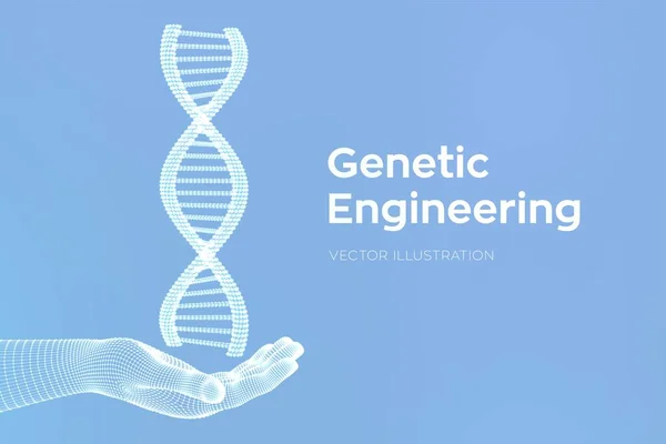 DNA sequentie in de hand. Wireframe DNA moleculen structuur mesh. Bewerkbare template over DNA-code. Wetenschaps-en technologie concept. Vector illustratie. — Stockvector