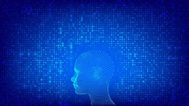 Ai. Yapay zeka konsepti. Akımlı matris dijital ikili kod arka planında soyut kablo dijital insan yüzü. Robot dijital bilgisayar yorumlamasında insan kafası. Vektör illüstrasyonu.