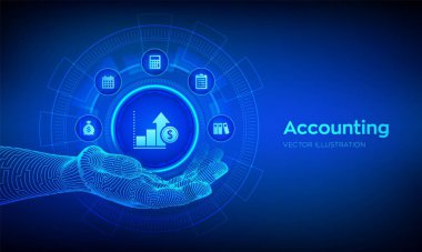 Muhasebe servisi. Robot elde muhasebe sembolü. Banka hesaplaması. Finansal analiz, yatırımlar ve iş danışmanlığı konsepti. Çevrimiçi bankacılık. Vektör illüstrasyonu.