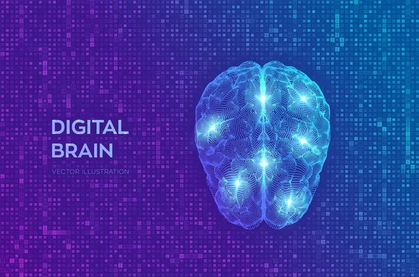 Mózg. Cyfrowy mózg na strumieniowym cyfrowym tle kodu binarnego macierzy. Koncepcja 3d nauki i technologii. Sieć neuronowa. Testy IQ, wirtualna emulacja sztucznej inteligencji. Ilustracja wektora. — Wektor stockowy