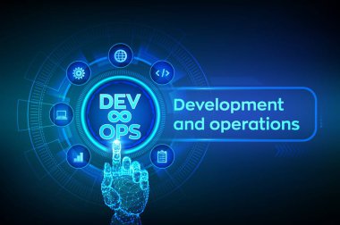 Devops, ne kadar iyi. Sanal ekranda çevik geliştirme ve optimizasyon konsepti. Yazılım mühendisliği. Yazılım geliştirme uygulamaları metodolojisi. Robotik el dijital arayüze dokunuyor. Vektör çizimi.