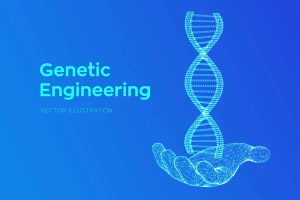 DNA sequentie in de hand. Wireframe DNA moleculen structuur mesh. Bewerkbare template over DNA-code. Wetenschaps-en technologie concept. Vector illustratie. — Stockvector