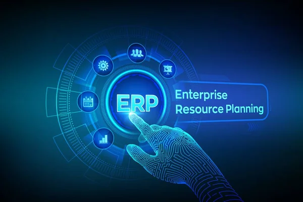 ERP. Negócios de planejamento de recursos empresariais e conceito de tecnologia moderna na tela virtual. Empresa Corporativa de Gestão de Negócios. Mão robótica tocando interface digital. Ilustração vetorial . — Vetor de Stock