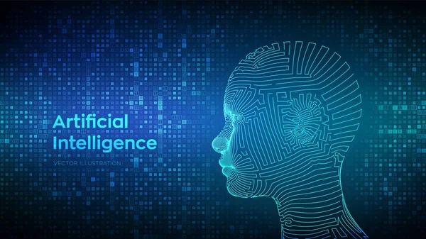 AI. Artificial intelligence concept. Abstract wireframe digital human face on streaming matrix digital binary code background. Human head in robot digital computer interpretation. Vector illustration. — Stock Vector