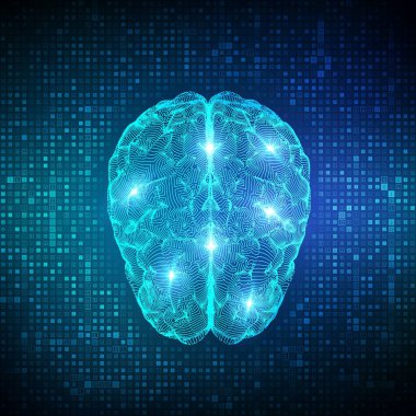 Beyin. Dijital beyin matriks dijital ikili kod arka planında. 3D Bilim ve Teknoloji konsepti. Sinirsel ağ. IQ testi, yapay zeka sanal öykünmesi. Vektör illüstrasyonu.