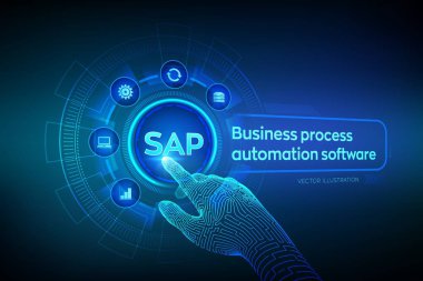 Sap Business süreç otomasyon yazılımı. Sanal ekranda Erp kurumsal kaynak planlama sistemi kavramı. Tel çerçeveli robotik el dijital grafik arayüzü dokunmadan. Aı. Vektör çizimi.