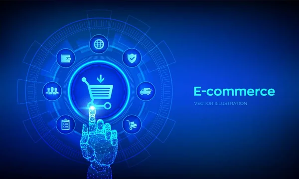 Comércio electrónico. Compras na Internet. Compra online. Negócios, internet e tecnologia conceito ov tela virtual. Adicionar ao carrinho Compras on-line. Mão robótica tocando interface digital. Ilustração vetorial. —  Vetores de Stock