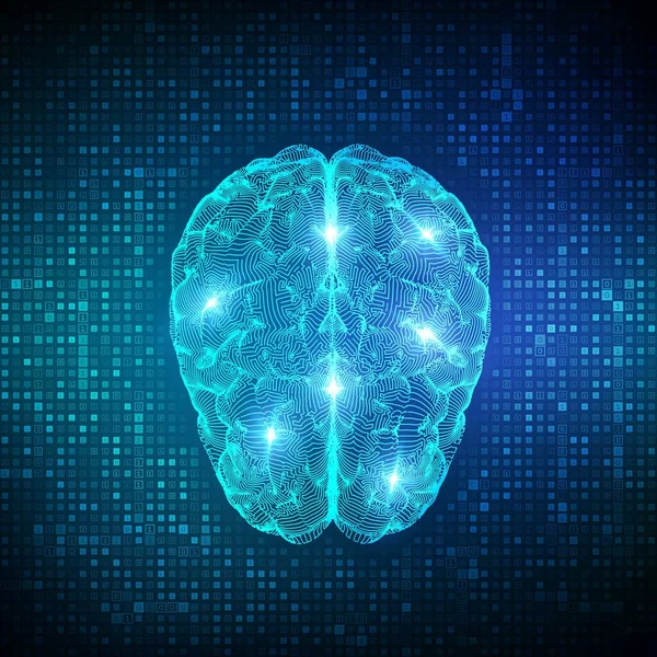 Brain. Digital brain on streaming matrix digital binary code background. 3D Science and Technology concept. Neural network. IQ testing, artificial intelligence virtual emulation. Vector illustration. — Stock Vector