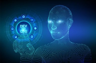 Devops, ne kadar iyi. Sanal ekranda çevik geliştirme ve optimizasyon konsepti. Yazılım mühendisliği. Yazılım geliştirme uygulamaları metodolojisi. Tel çerçeveli cyborg el dijital arayüz dokunmadan. Eps 10.