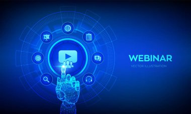 Giyin. İnternet konferansı. Web tabanlı seminer. Mesafe öğrenme. Sanal ekranda e-öğrenim iş teknolojisi kavramı. Robot el dijital arayüze dokunuyor. Vektör illüstrasyonu.