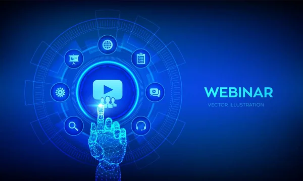 - 닥터 웨버 ?. 인터넷 회의. 웹 기반 세미나. 배우는 거리. 전자 학습 비즈니스 기술의 개념은 가상 화면에서 볼 수있습니다. 디지털 인터페이스를 만지는 로봇 손. 벡터 일러스트. — 스톡 벡터