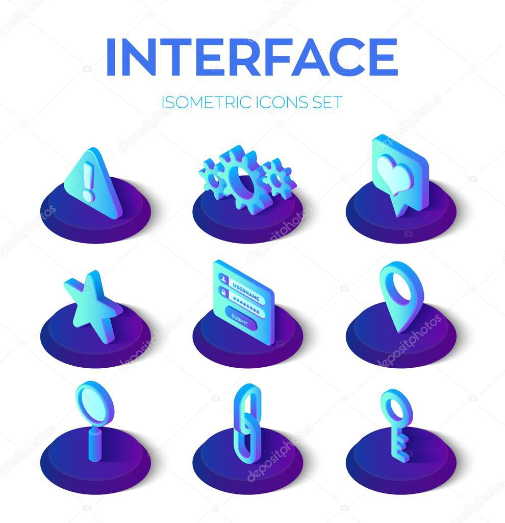 Interface icons set. User interface 3D isometric icons for mobile and web. Warning, Gears, Like, Favorite, Login form, Location, Search, Link, Key. Vector illustration.