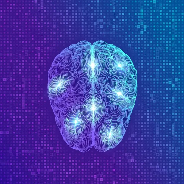 Mozek. Digitální mozek na pozadí digitálního binárního kódu datové matice. 3d Věda a technika koncept. Neurální síť. IQ test, virtuální emulace umělé inteligence. Vektorová ilustrace. — Stockový vektor