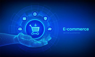 Robotik elde e-ticaret simgesi. İnternet alışverişi. İnternetten aldım. Sanal ekranın iş, internet ve teknoloji konsepti. Sepete ekle. İnternetten alışveriş. Vektör illüstrasyonu.