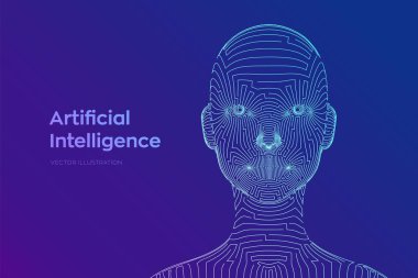 Ai. Sanatsal zeka konsepti. Soyut dijital insan yüzü. Robot dijital bilgisayar yorumlamasında insan kafası. Robot konsepti. Kablo çerçeveli kafa konsepti. Dijital beyin. Vektör illüstrasyonu.