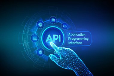API. Application Programming Interface, software development tool, information technology and business concept on virtual screen. Robotic hand touching digital interface. AI. Vector illustration clipart svg vector 