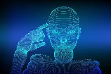 Soyut kablo kadın cyborg ya da robot onun yapay zekasını kullanarak parmağını kafasının yakınında tutar ve düşünür ya da hesaplar. Ai ve Machine teknoloji öğrenme konsepti. Vektör illüstrasyonu.