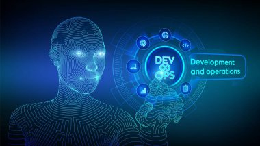 Devops, ne kadar iyi. Sanal ekranda çevik geliştirme ve optimizasyon konsepti. Yazılım mühendisliği. Yazılım geliştirme uygulamaları metodolojisi. Tel çerçeveli cyborg el dijital arayüz dokunmadan. Eps 10.