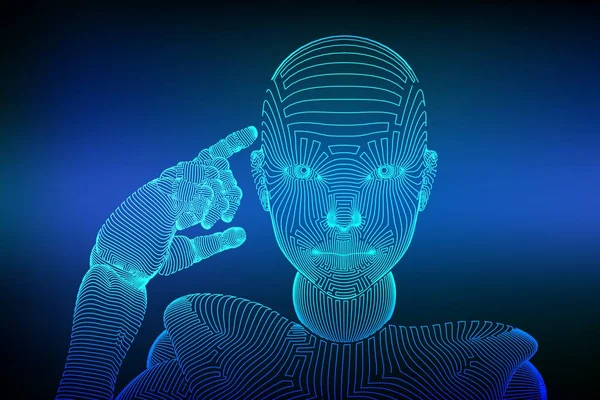 Il cyborg femminile o robot a wireframe astratto tiene un dito vicino alla testa e pensa o calcola usando la sua intelligenza artificiale. AI e concetto di tecnologia di apprendimento automatico. Illustrazione vettoriale . — Vettoriale Stock