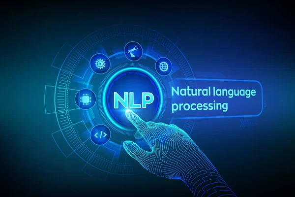 НЛП. Концепция когнитивных вычислительных технологий обработки естественного языка на виртуальном экране. Понятие естественного языка. Роботизированная рука касается цифрового интерфейса. Векторная иллюстрация . — стоковый вектор