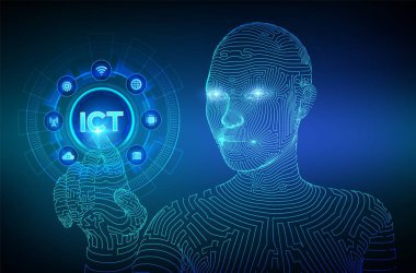 ıct. Sanal ekranda bilgi ve iletişim teknolojisi kavramı. Kablosuz iletişim ağı. Akıllı sistem otomasyonu. Tel çerçeveli cyborg el dijital arayüz dokunmadan. Eps 10.