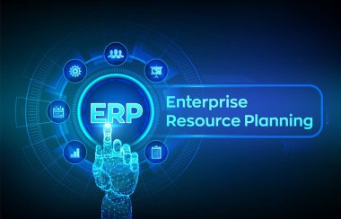 Erp. Sanal ekranda kurumsal kaynak planlama iş ve modern teknoloji kavramı. Kurumsal Şirket Yönetimi İş. Robotik el dijital arayüze dokunuyor. Vektör çizimi.