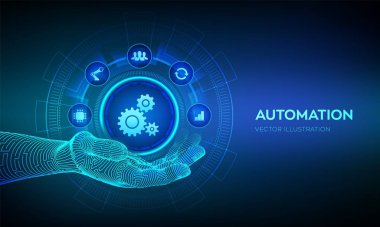 Teknoloji ve iş süreçlerinde verimliliği artıran bir yenilik olarak çok sayıda ve otomasyon yazılımı kavramı. Robot elde otomasyon simgesi. Vektör illüstrasyonu.