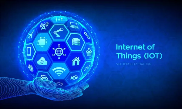 IOT. Concepção de Internet das coisas. Tudo conectividade rede conceito dispositivo, e negócios com a internet. Esfera 3D abstrata ou globo com superfície de hexágonos em mão robótica. Ilustração vetorial . — Vetor de Stock