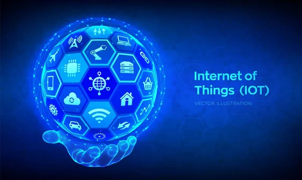 IOT. Concepção de Internet das coisas. Tudo conectividade rede conceito dispositivo, e negócios com a internet. Esfera 3D abstrata ou globo com superfície de hexágonos na mão wireframe. Ilustração vetorial — Vetor de Stock