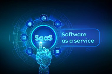 Saas. Bir hizmet olarak yazılım. Sanal ekranda internet ve teknoloji kavramı. Geliştirme Kavramı. Saas Bilgisayar Iot Sanayi. Robotik el dijital arayüze dokunuyor. Vektör çizimi.
