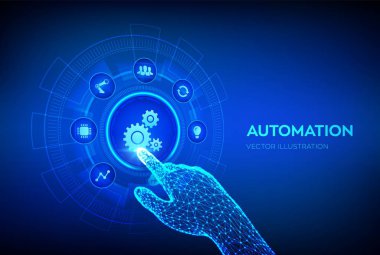 Otomasyon Yazılımı. Teknoloji ve iş süreçlerinde verimliliği artıran bir yenilik olarak çok sayıda ve otomasyon kavramı. Robot el dijital arayüze dokunuyor. Vektör illüstrasyonu.