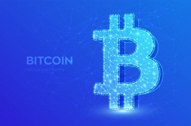 Bitcoin. Düşük poli soyut kafes çizgisi ve nokta Bitcoin işareti. Kripto para, sanal elektronik, internet parası. Ödeme sembolü. Cryptocurrency e-ticaret kavramı. 3d çokgen vektör illüstrasyon.