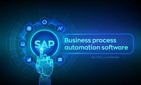 Software de automatización de procesos de SAP Business. Concepto de sistema de planificación de recursos empresariales ERP en pantalla virtual. Mano robótica tocando interfaz digital. AI. Inteligencia artificial. Ilustración vectorial . — Vector de stock