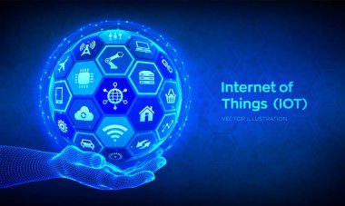 Hem de çok. İnternet konsepti. Bağlantı aygıtı konsepti ağı ve internet ile ilgili her şey. Kablolu elde altıgen yüzeyi olan üç boyutlu küre ya da küre. Vektör illüstrasyonu