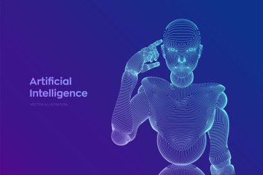 Soyut kablo kadın cyborg ya da robot onun yapay zekasını kullanarak parmağını kafasının yakınında tutar ve düşünür ya da hesaplar. Ai ve Machine teknoloji öğrenme konsepti. Vektör illüstrasyonu.