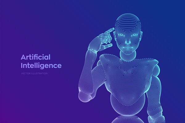 Abstract wireframe female cyborg or robot holds a finger near the head and thinks or computes using her artificial intelligence. AI and Machine learning technology concept. Vector illustration.