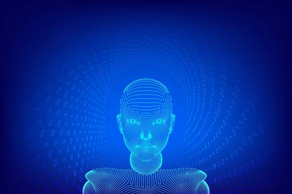 L'IA. Concept d'intelligence artificielle. Cerveau numérique Ai. Un visage humain numérique abstrait. Tête humaine dans l'interprétation numérique robotisée par ordinateur. Concept de robotique. Concept de tête filaire. Illustration vectorielle. — Image vectorielle