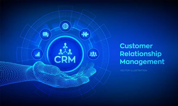Crm-Symbol in Roboterhand. Kundenbeziehungsmanagement. Kundenservice und Beziehung. Unternehmenskommunikation und Planungskonzept auf virtuellem Bildschirm. Vektorillustration. — Stockvektor