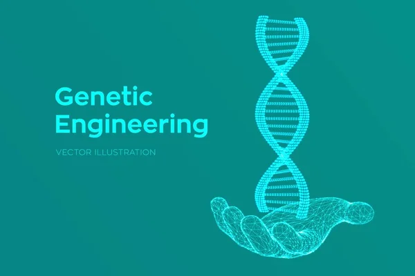 손에 DNA 서열. 와이어 프레임 DNA 분자 구조 메쉬. DNA 코드 편집 가능한 템플릿입니다. 과학 기술 개념. 벡터 일러스트레이션. — 스톡 벡터